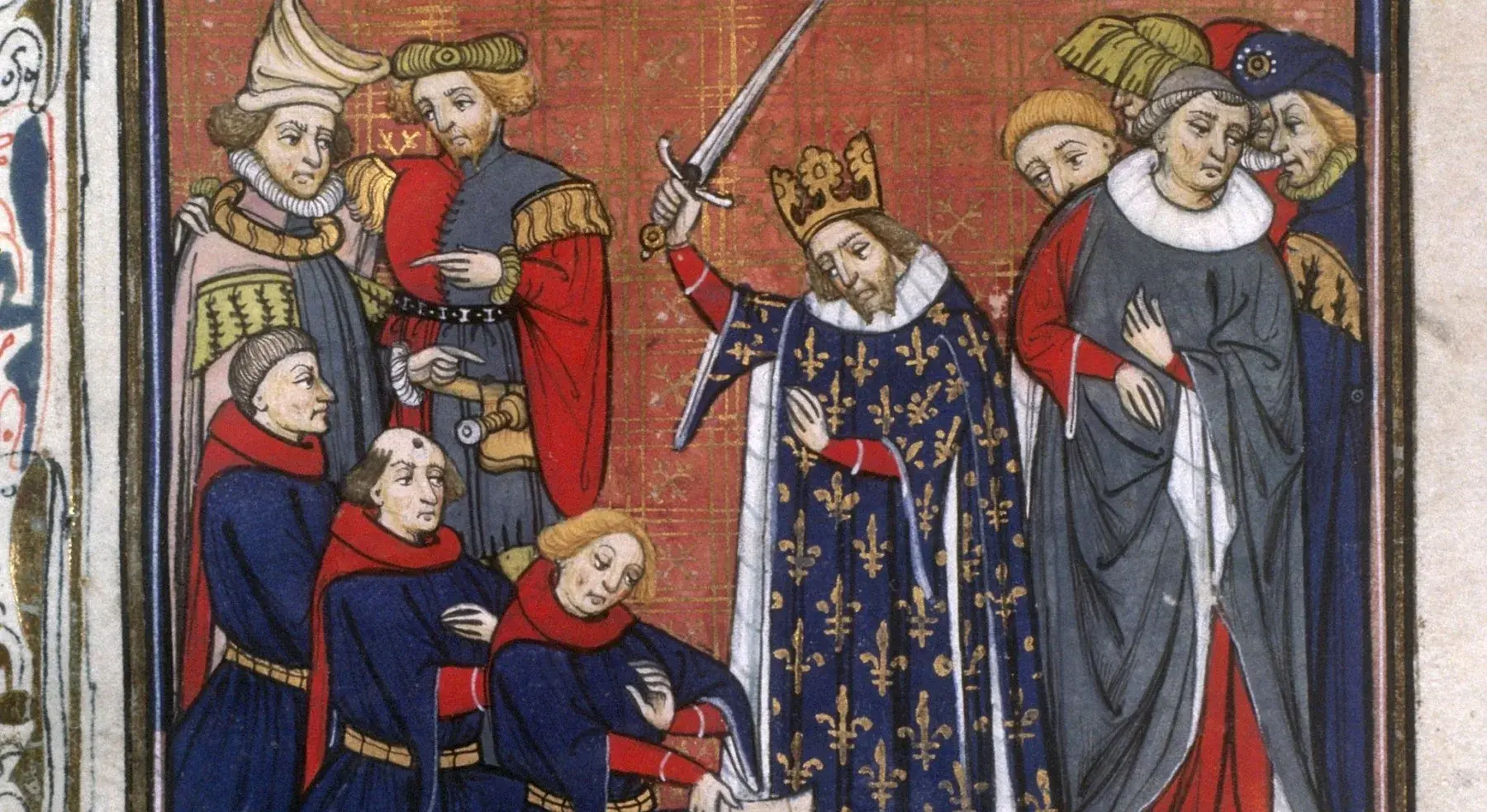 König Johann II. von Frankreich hält ein Schwert über mehrere kniende Männer bei einer Rittererhebung