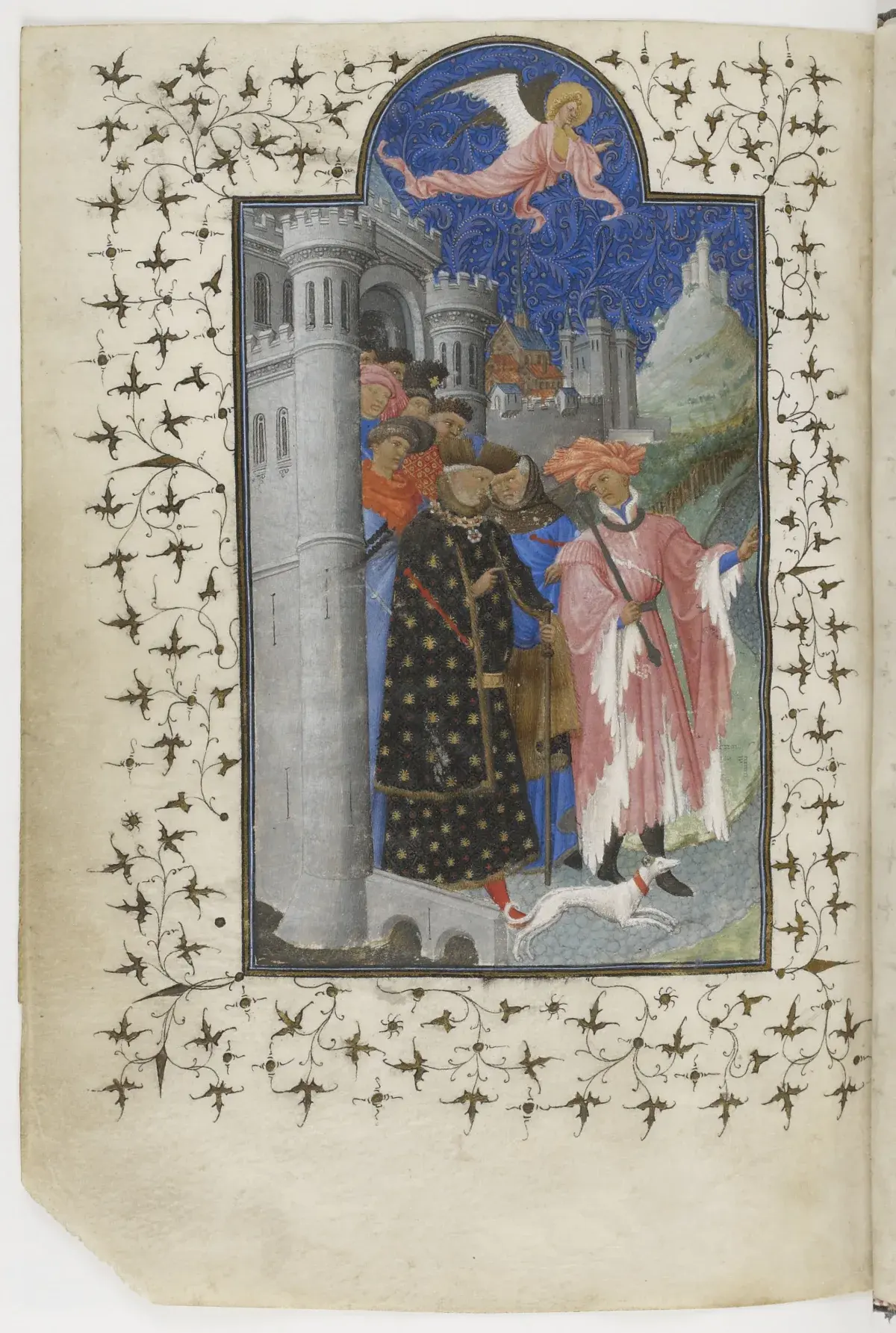 Jean de Berry verlässt mit Begleitern und einem Engel eine Burg zu einer Pilgerreise