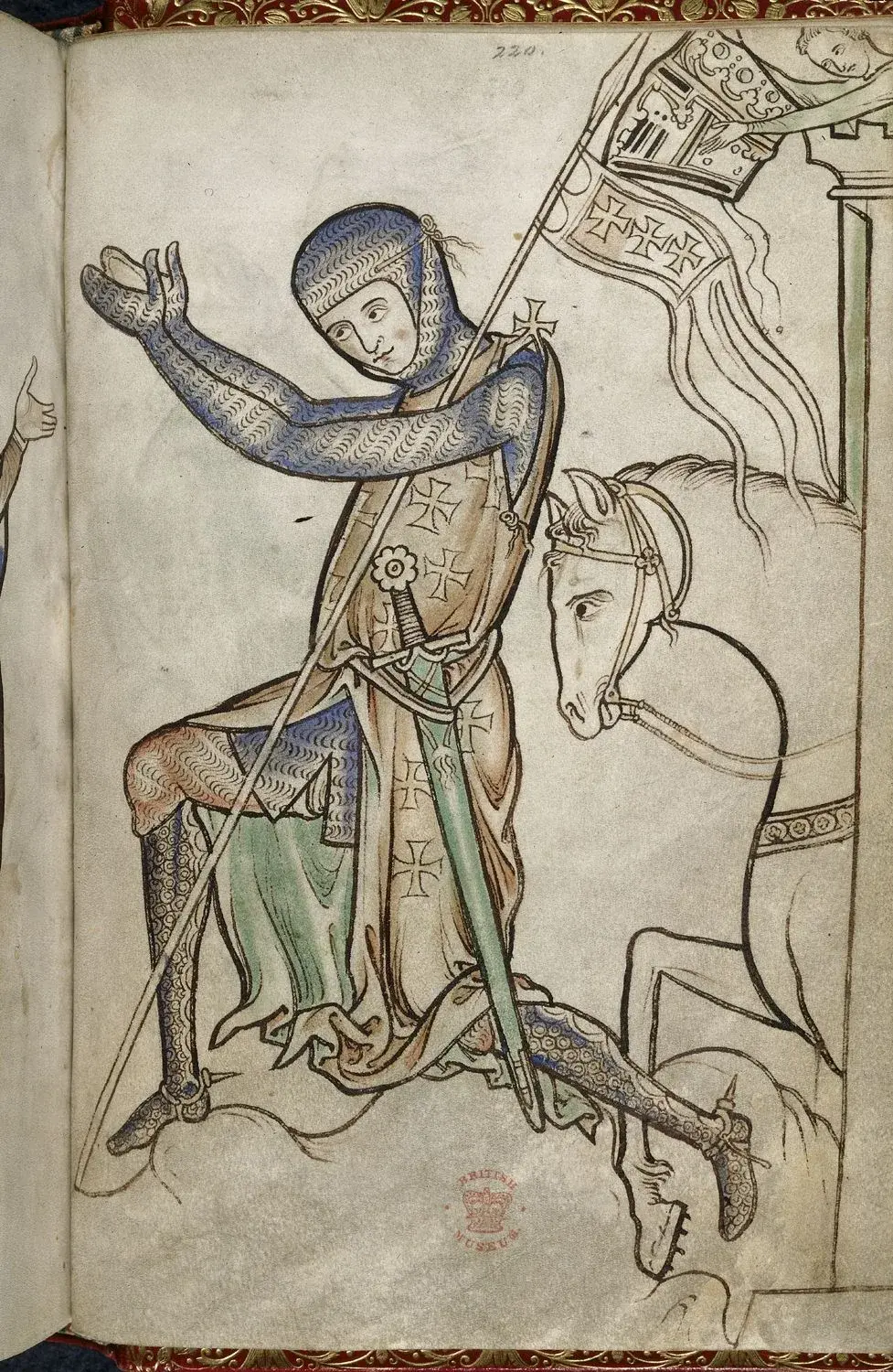 Ein gerüsteter Ritter kniet neben seinem Pferd, während ein Diener seinen Helm von einem Turm reicht