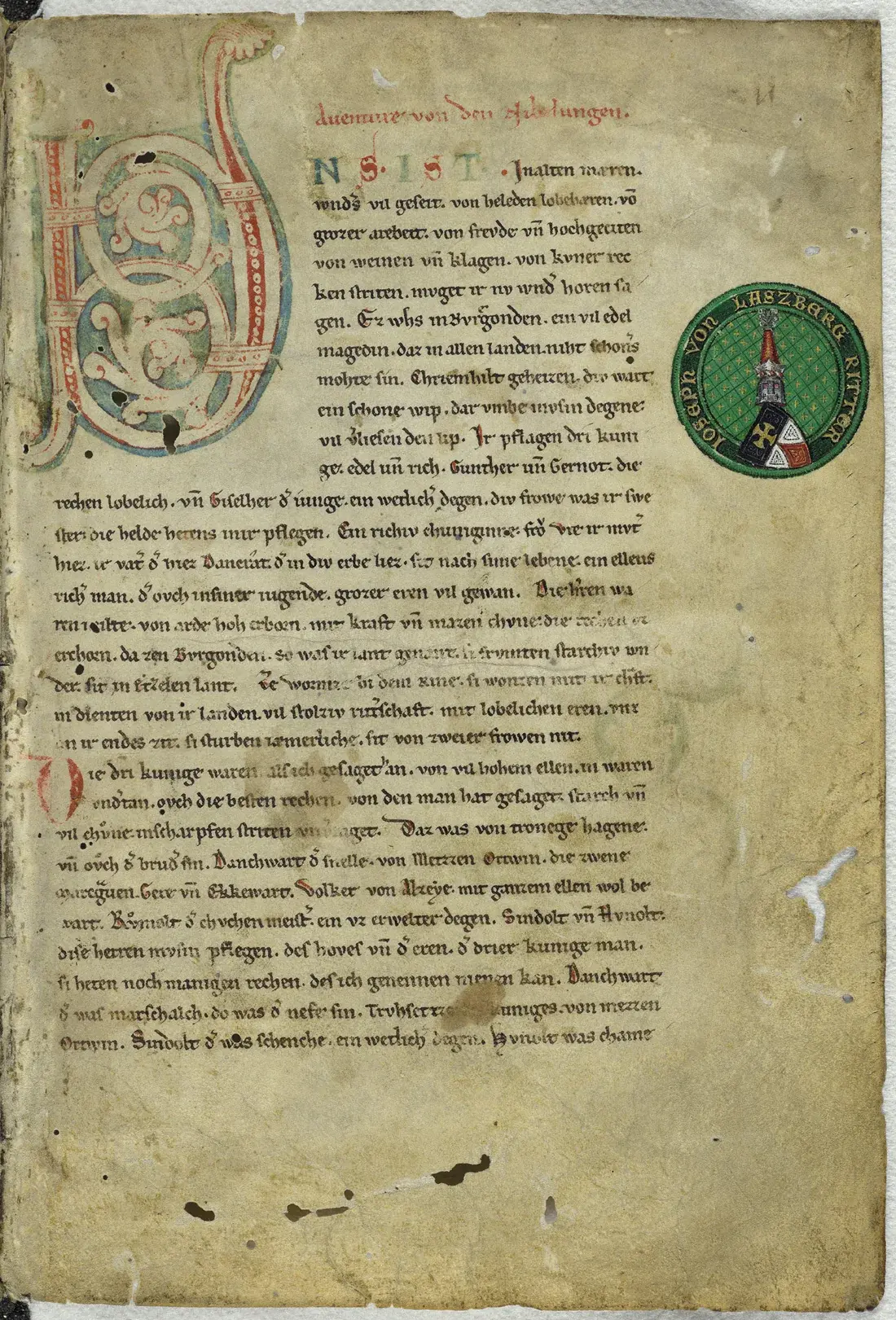 Erste Seite der Nibelungenlied-Handschrift C aus dem 13. Jahrhundert