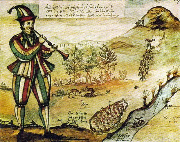 Der Rattenfänger führt in einer Darstellung von 1592 Kinder aus Hameln zu einem Berg