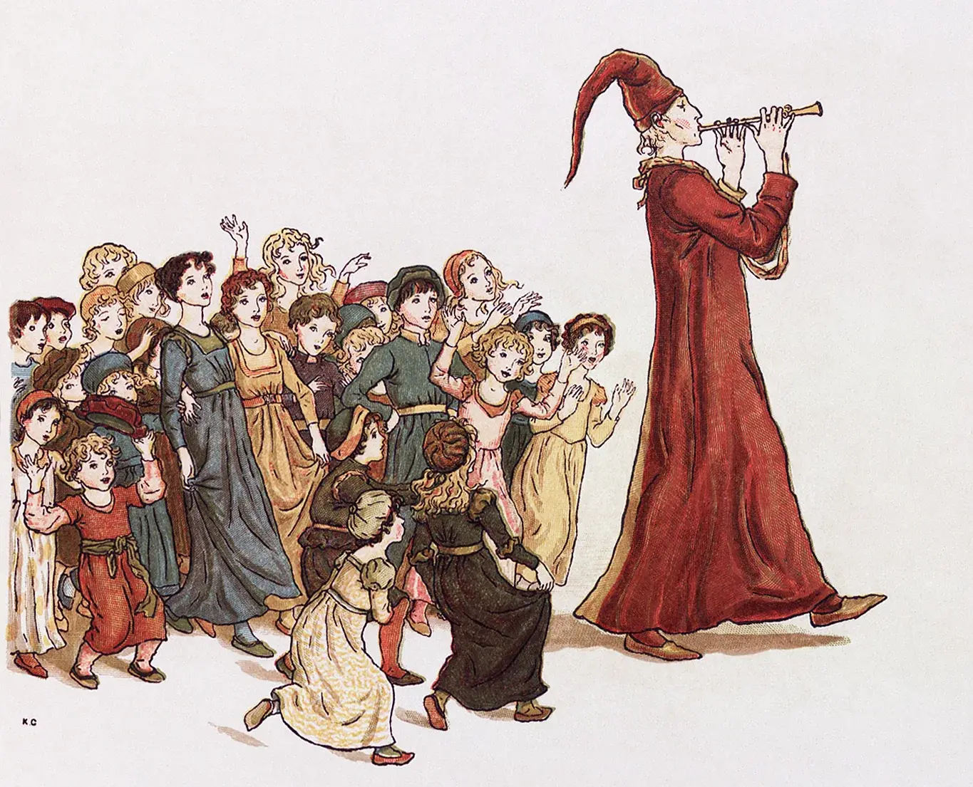 Ein rot gekleideter Pfeifer führt in Kate Greenaways Illustration eine Gruppe Kinder an