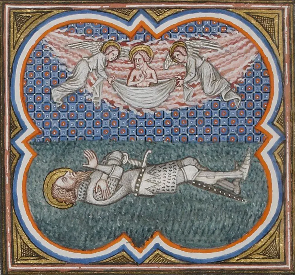 Der gefallene Roland liegt in Rüstung am Boden, während Engel seine Seele zum Himmel tragen