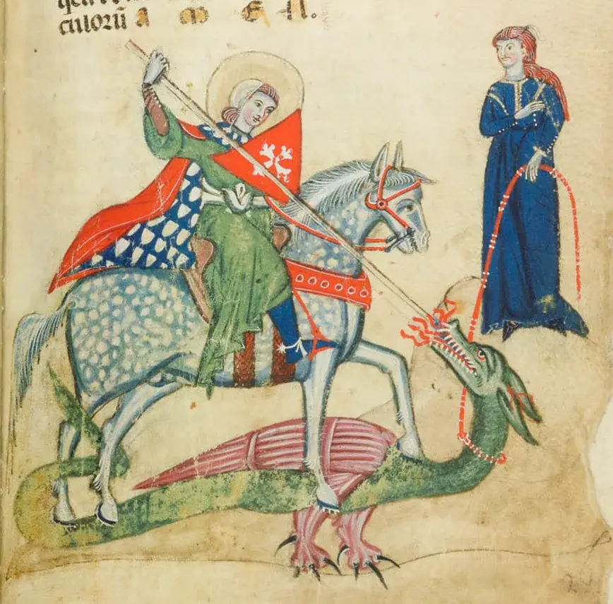 Der heilige Georg tötet in einer mittelalterlichen Handschrift einen Drachen
