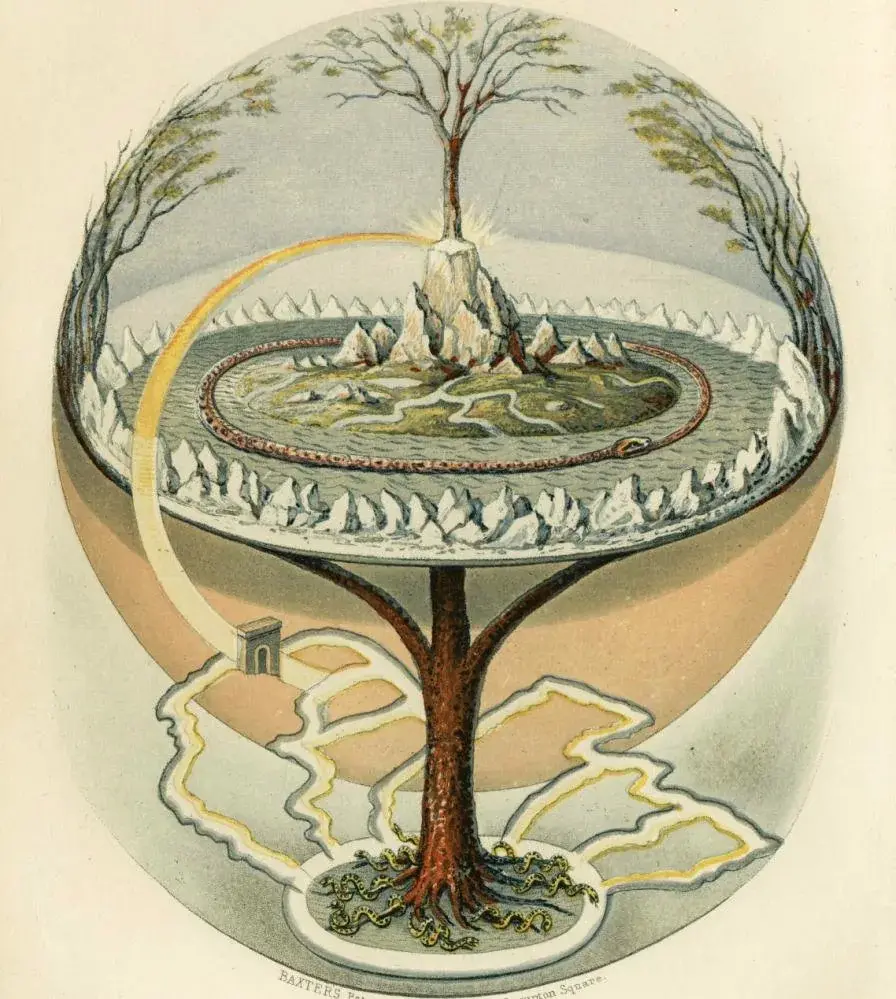 Yggdrasil verbindet in einer Illustration von 1847 verschiedene Bereiche der nordischen Weltordnung