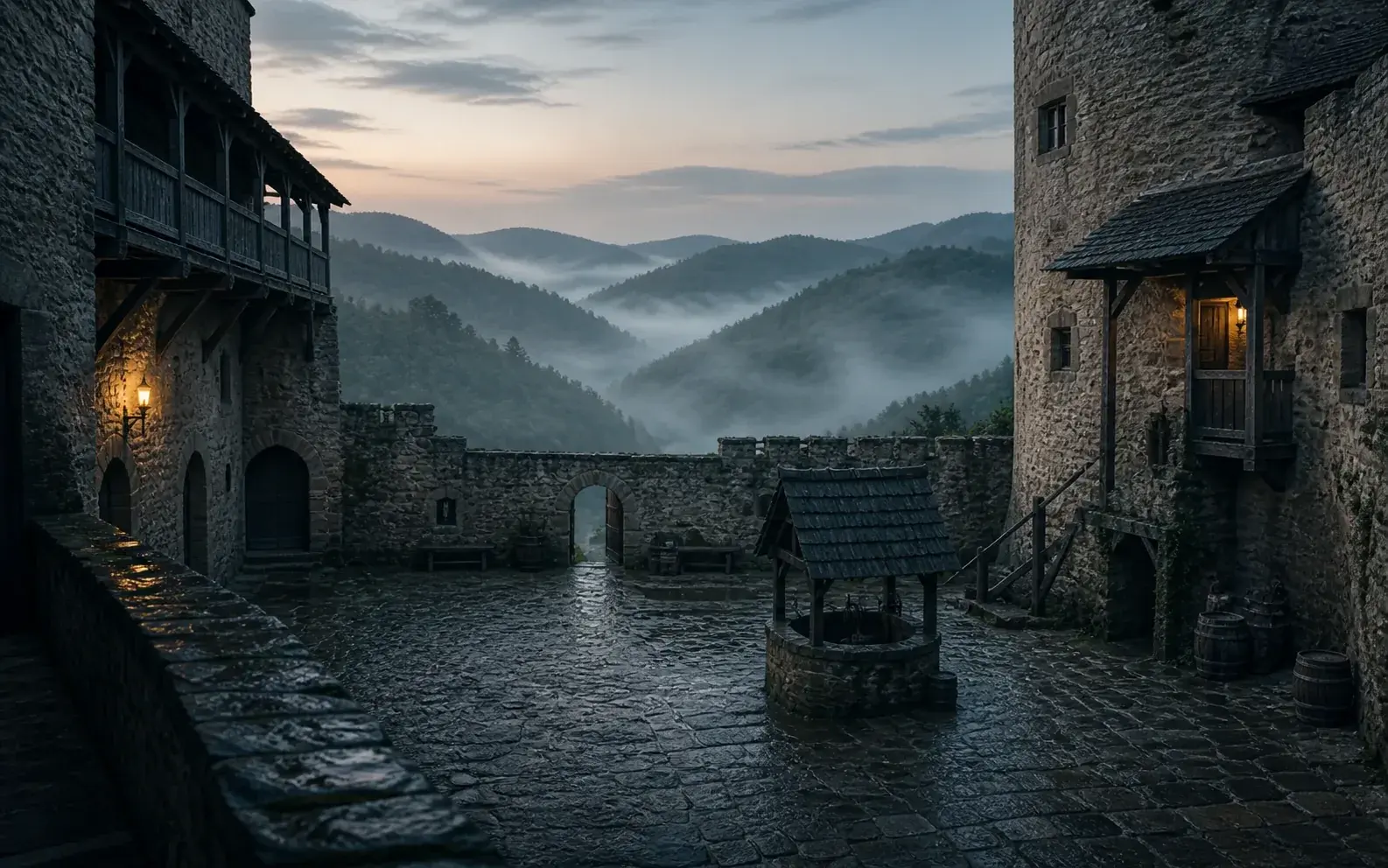 Steinerner Innenhof einer mittelalterlichen Burg mit Brunnen im Morgenlicht