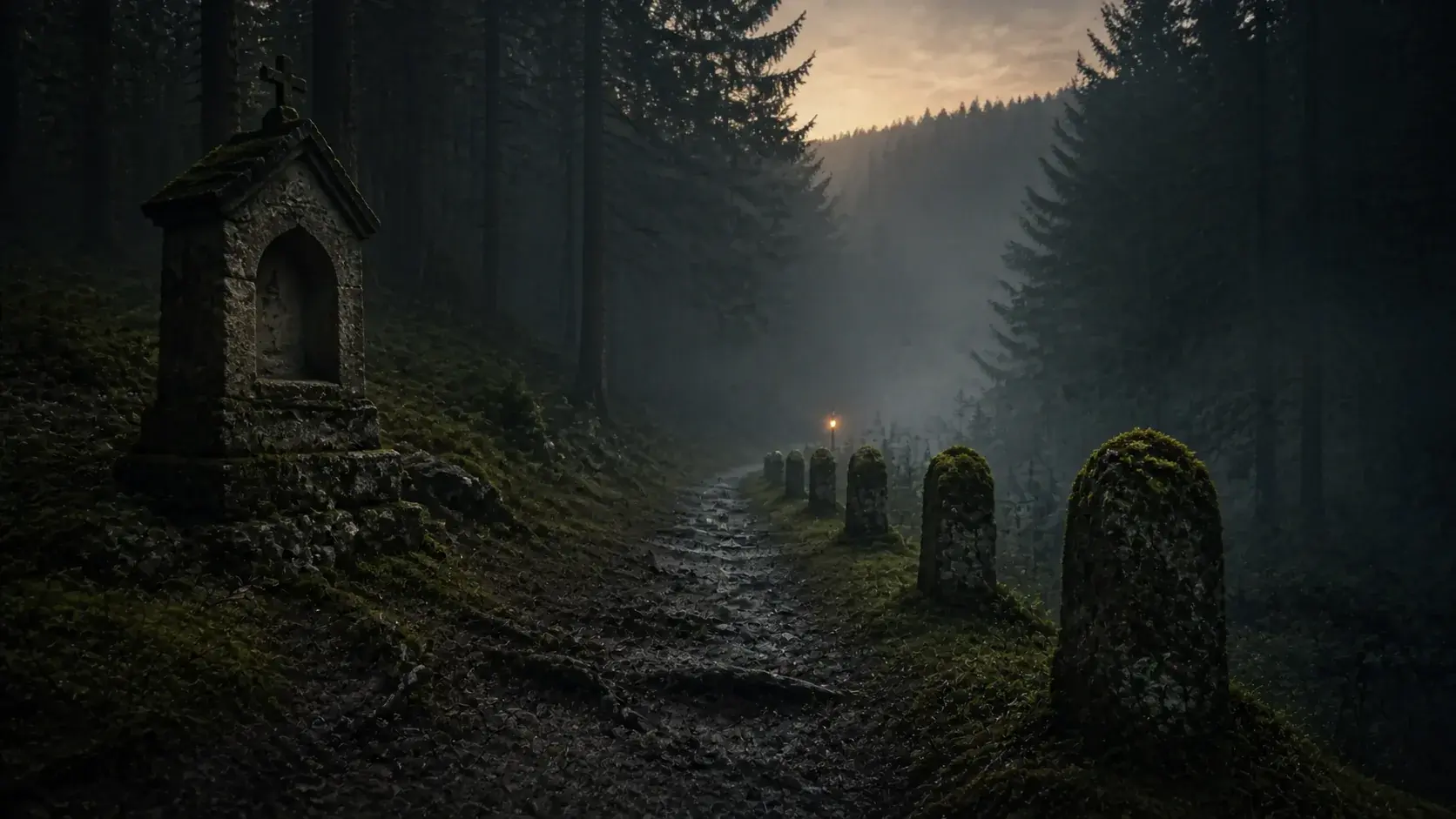 Dunkler Waldpfad mit verwittertem Bildstock, alten Grenzsteinen und Morgennebel