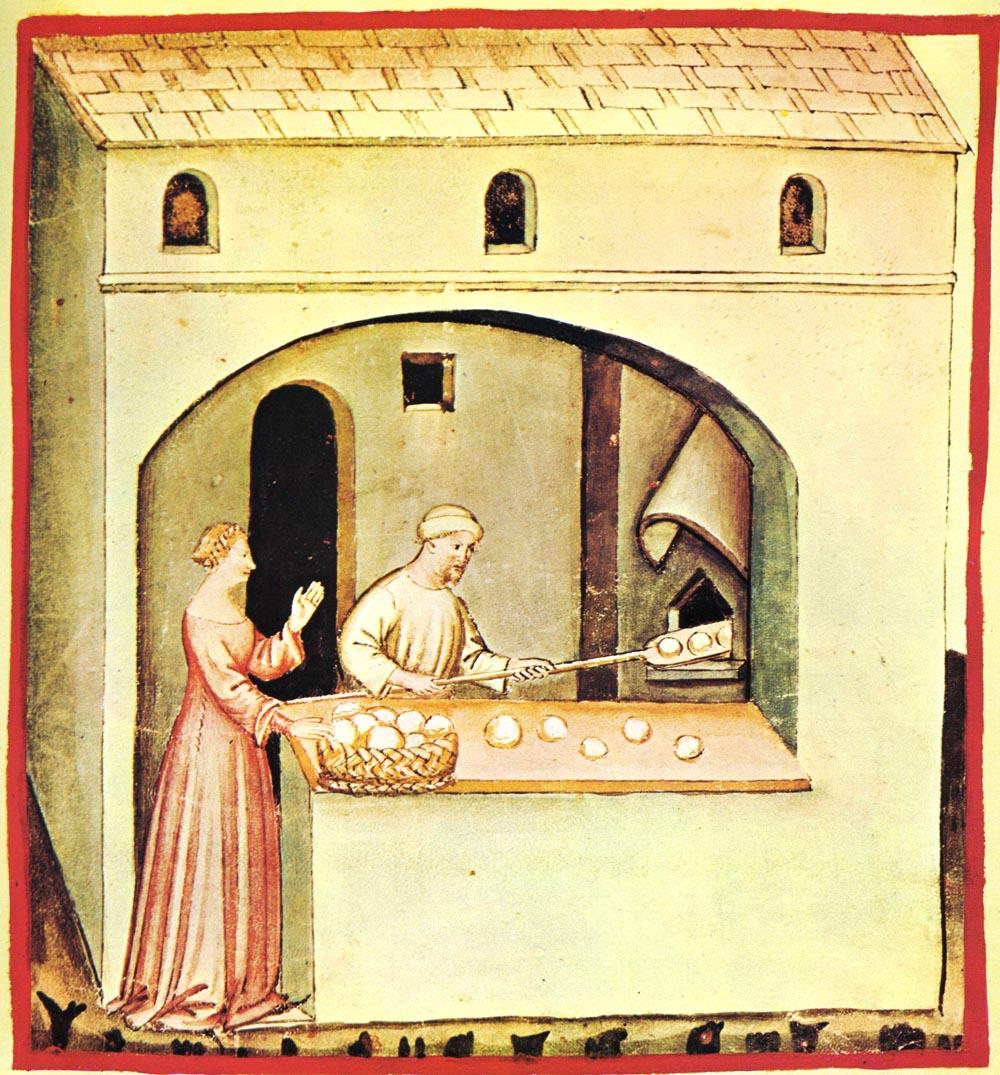 Mittelalterliche Buchmalerei mit Bäcker, Backofen, Brotlaiben und einer Kundin