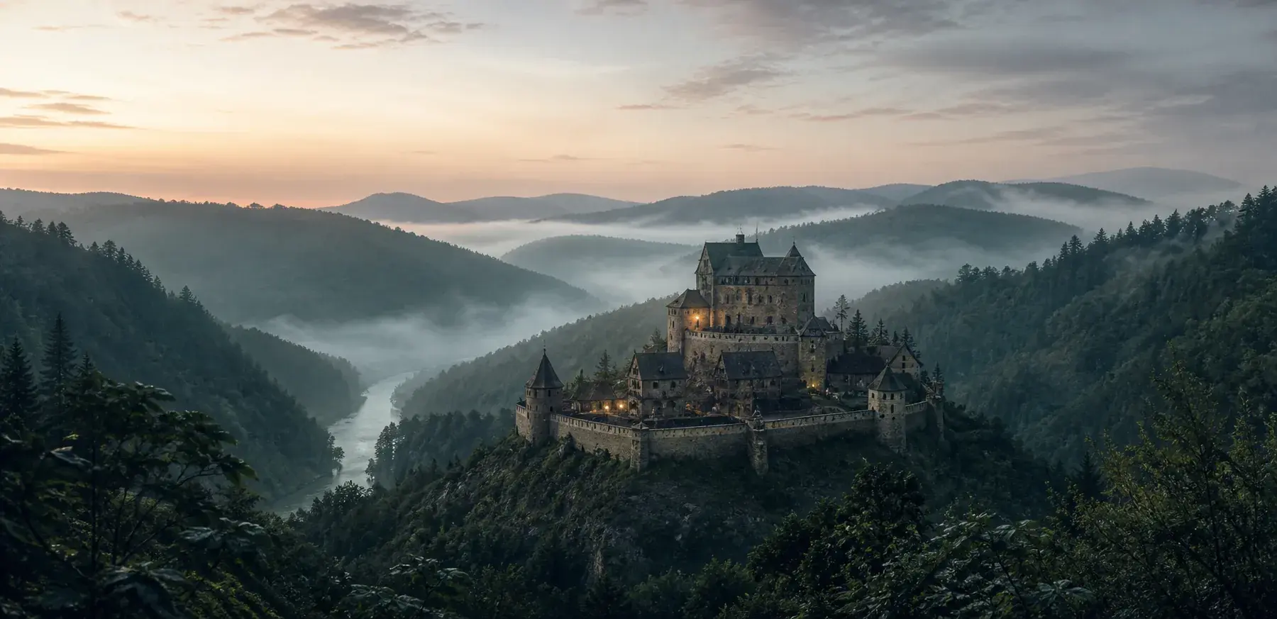Mittelalterliche Höhenburg über einem bewaldeten Tal im Morgennebel