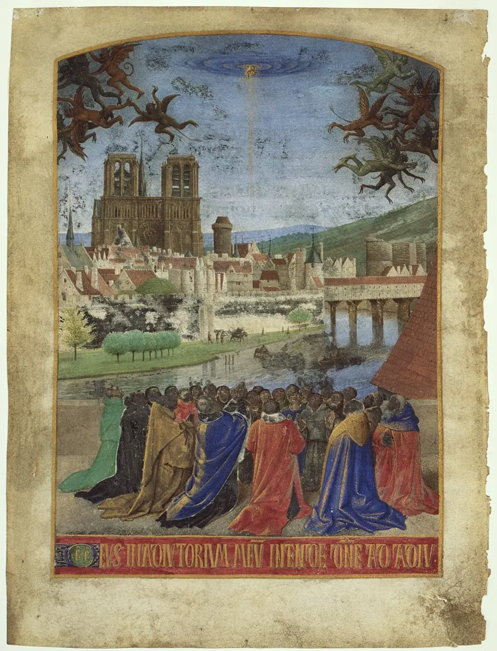Betende Menschen vor einer mittelalterlichen Stadt werden von der Hand Gottes vor fliegenden Dämonen geschützt