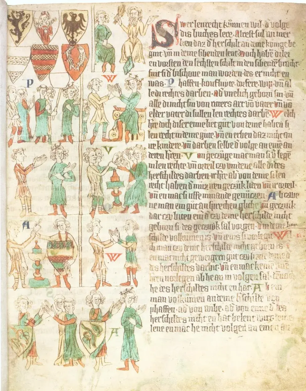 Eine Seite des Heidelberger Sachsenspiegels mit Wappen und gestaffelten Lehensbeziehungen