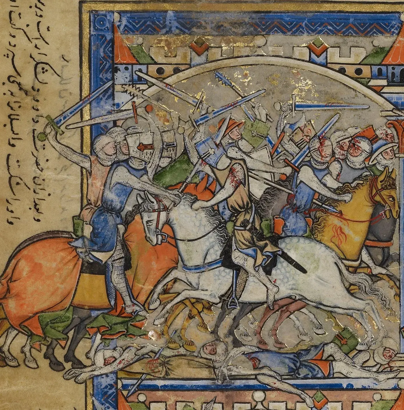Dichtes mittelalterliches Kampfgetümmel mit berittenen und gestürzten Kriegern in Kettenrüstung