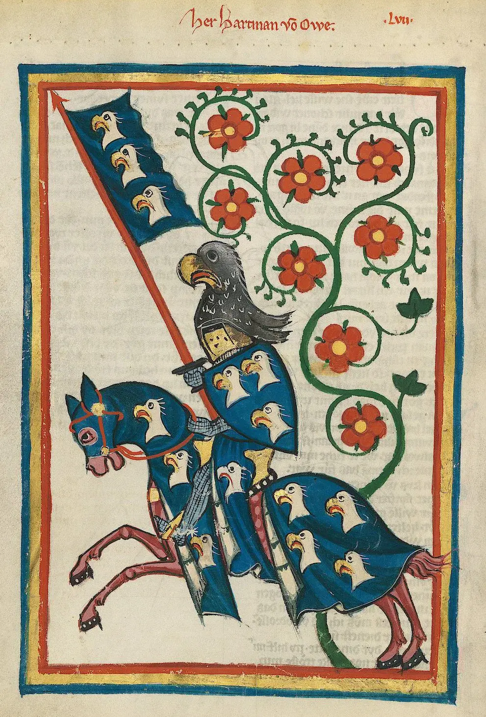 Heraldichte Darstellung Hartmanns von Aue als Ritter zu Pferd mit blauem Adlerwappen
