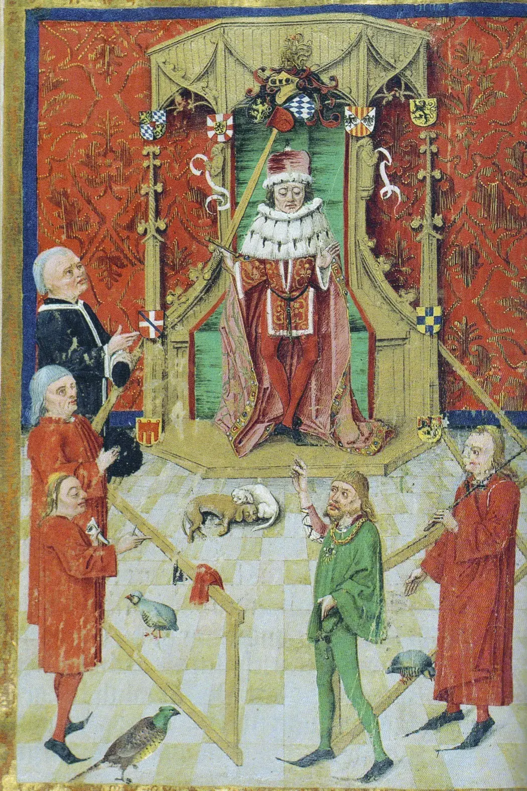 Pfalzgraf Friedrich steht mit Hofleuten und Wappen in einer spätmittelalterlichen Lehenbuchminiatur
