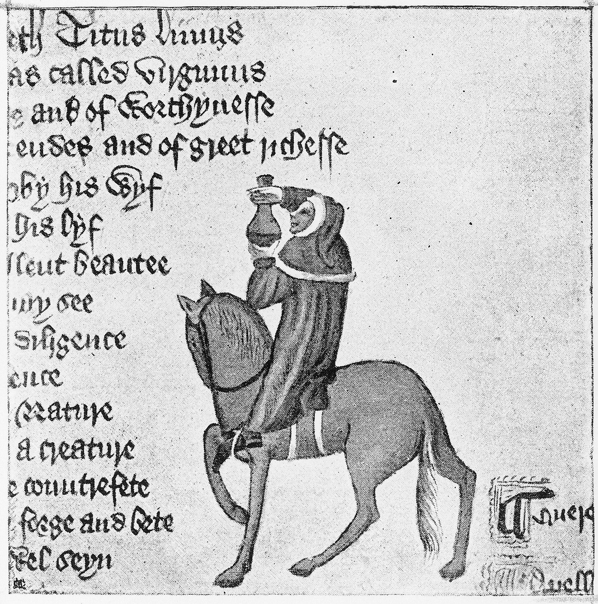 Mittelalterliche Darstellung eines Arztes zu Pferd, der ein Uringlas gegen das Licht hält