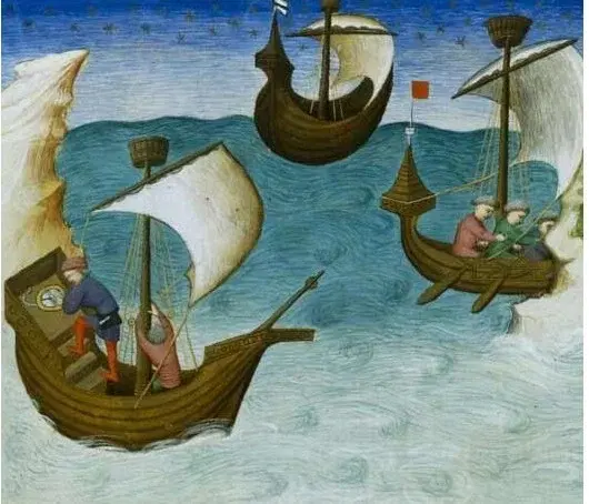 Buchmalerei mit mehreren mittelalterlichen Segelschiffen und einem Seefahrer, der einen Kompass benutzt