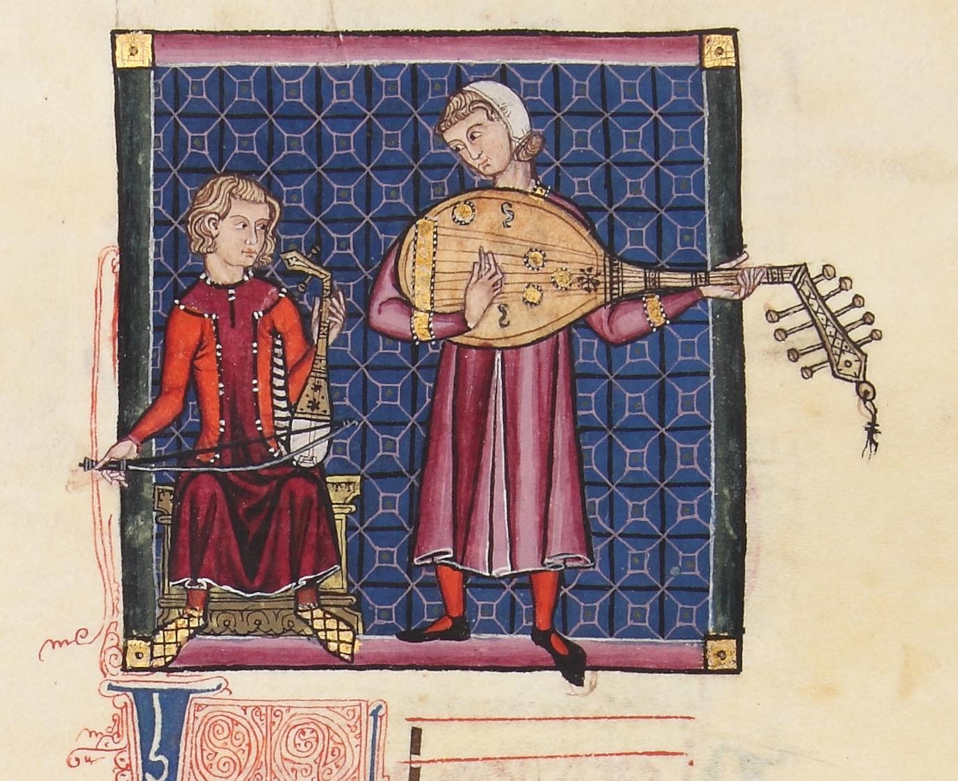 Zwei Musiker spielen in einer Handschrift des 13. Jahrhunderts Rebab und Laute