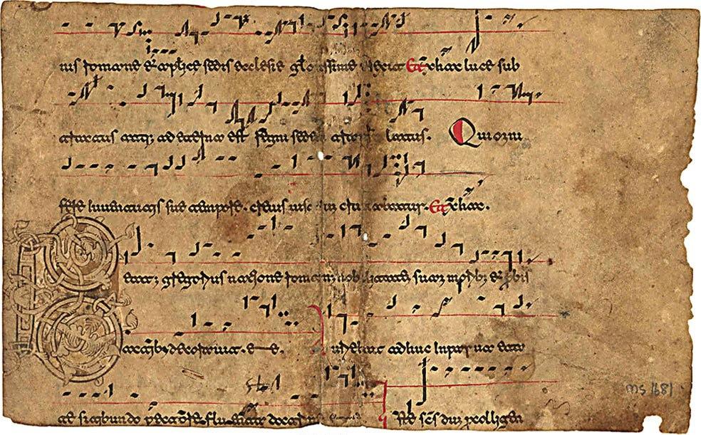 Pergamentblatt mit beneventanischer Neumenschrift auf roten Linien