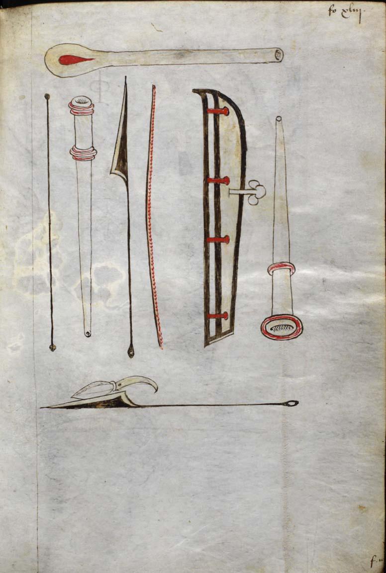 Gezeichnete chirurgische Instrumente in einer spätmittelalterlichen medizinischen Handschrift