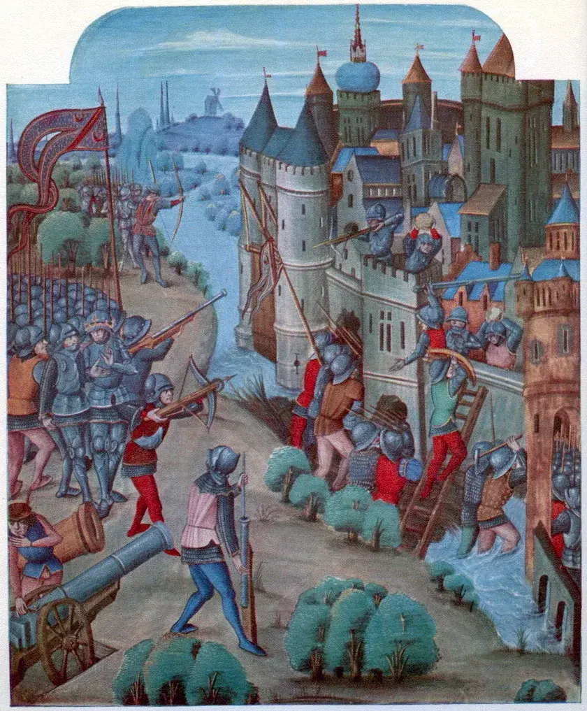 Belagerer greifen eine befestigte Stadt mit Leiter, Kanone, Handbüchsen, Armbrüsten und Bogen an
